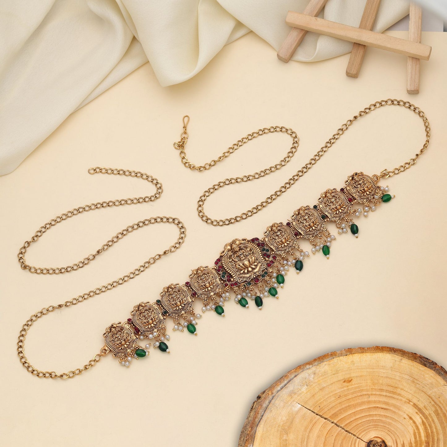 Elegant Green Color Temple Kamarband With Classic South Indian Inspired Temple Design