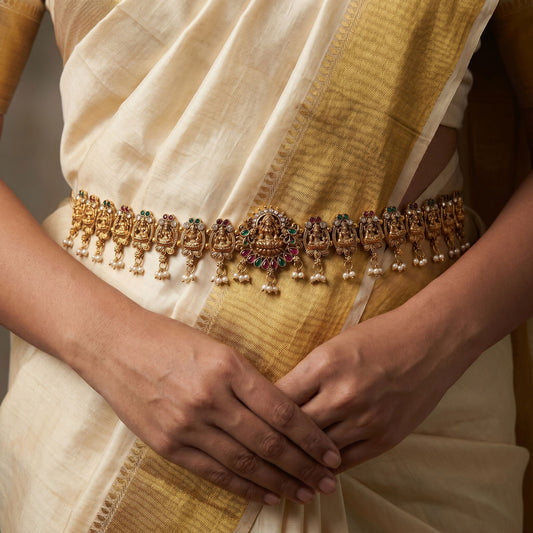 Classic Rani & Green Color Temple Kamarband With Heritage Inspired Antique Artwork Design
