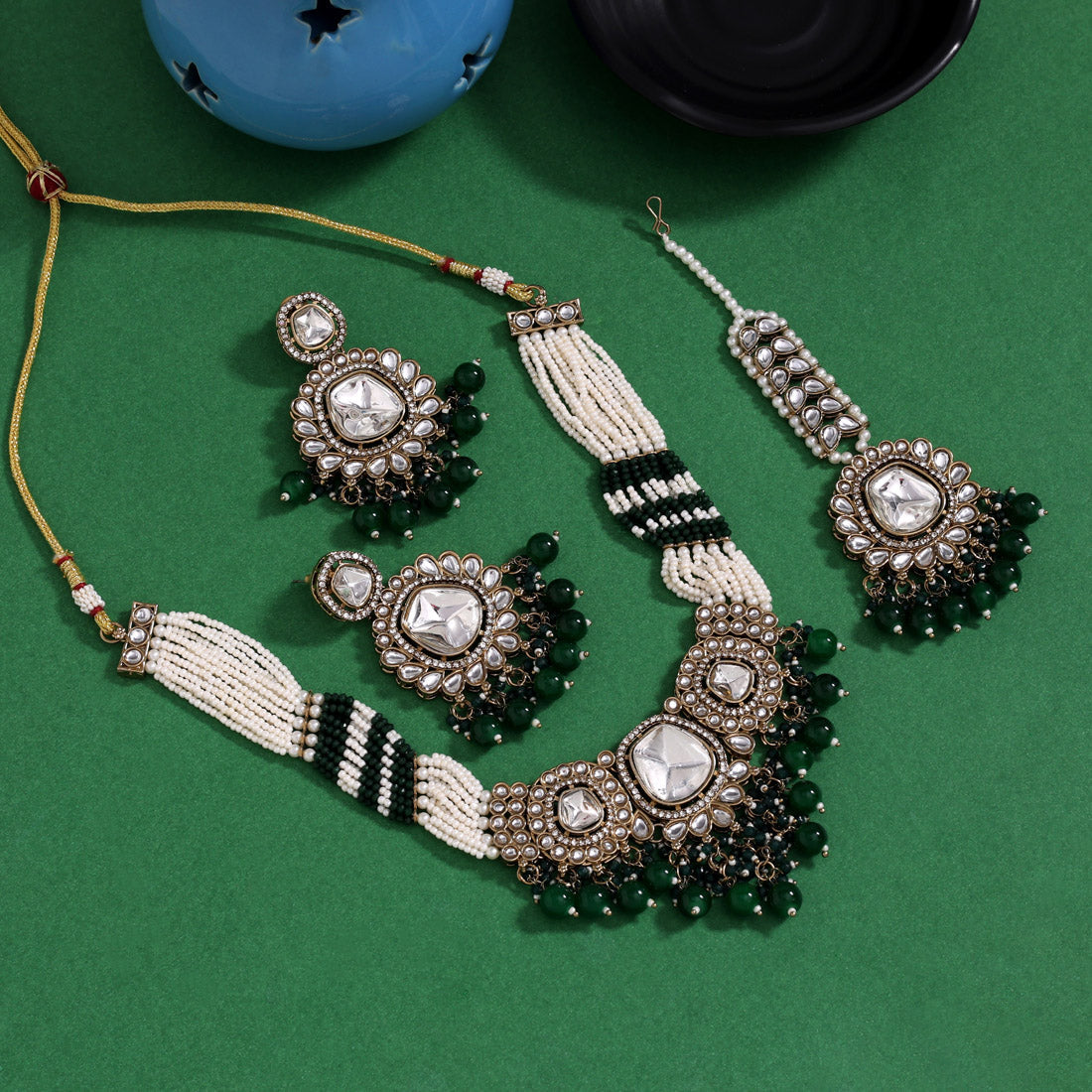 Deep Green Color Kundan Necklace Set