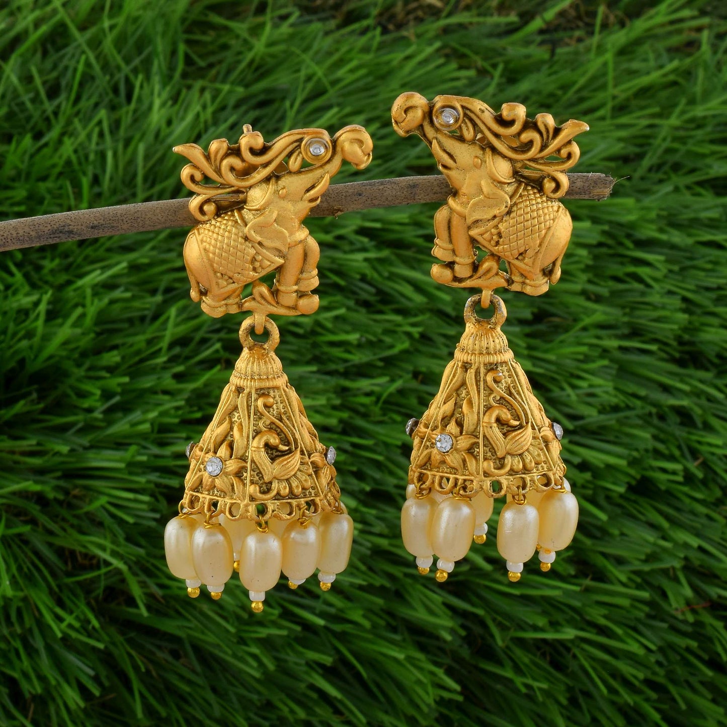 Classic Gold Color Antique Finish Matte Gold Earrings For Bridal Wear
