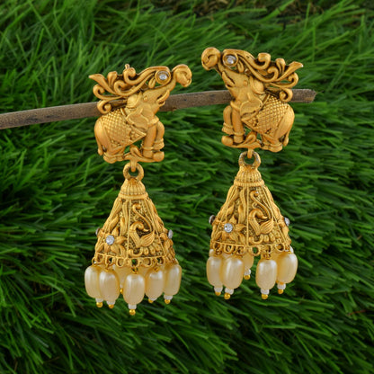 Classic Gold Color Antique Finish Matte Gold Earrings For Bridal Wear