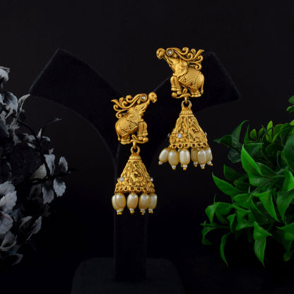 Classic Gold Color Antique Finish Matte Gold Earrings For Bridal Wear