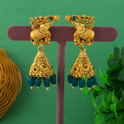 Elegant Green Color Traditional Matte Gold Earrings For Saree And Lehenga Look