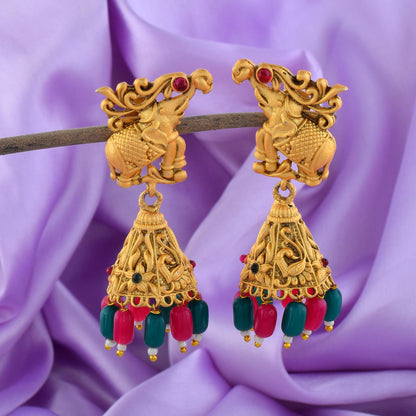 Royal Rani & Green Color Designer Matte Gold Earrings For Wedding Functions