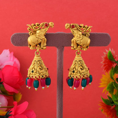 Royal Rani & Green Color Designer Matte Gold Earrings For Wedding Functions