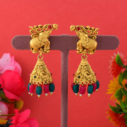 Royal Rani & Green Color Designer Matte Gold Earrings For Wedding Functions