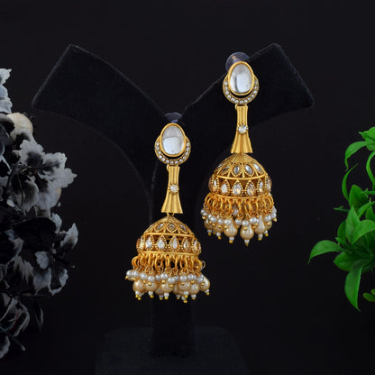 Gorgeous Gold Color Matte Gold Earrings With Artistic Temple Style Design