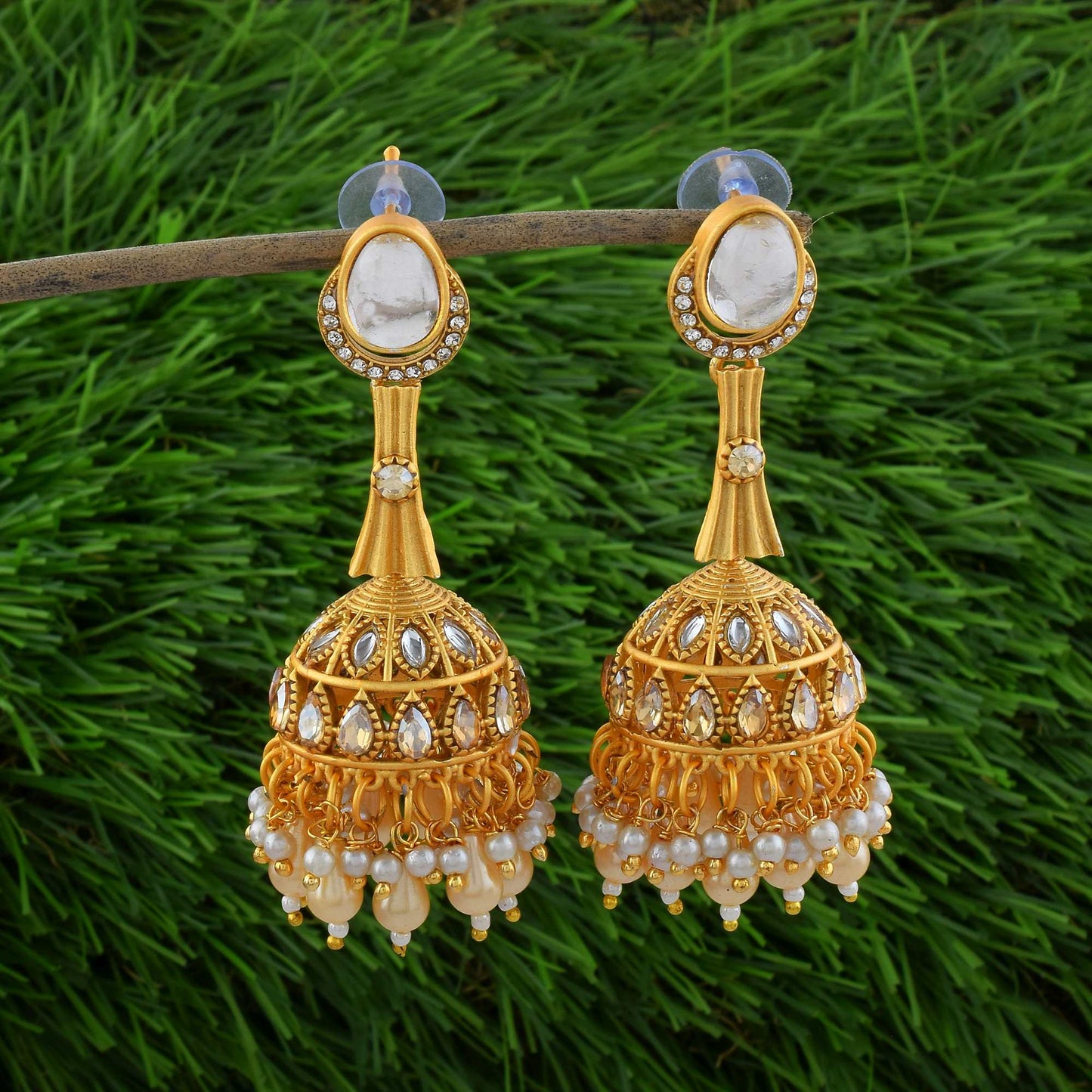 Gorgeous Gold Color Matte Gold Earrings With Artistic Temple Style Design