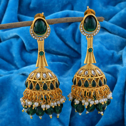 Graceful Green Color Matte Gold Earrings With Kundan Stone Detailing For Brides