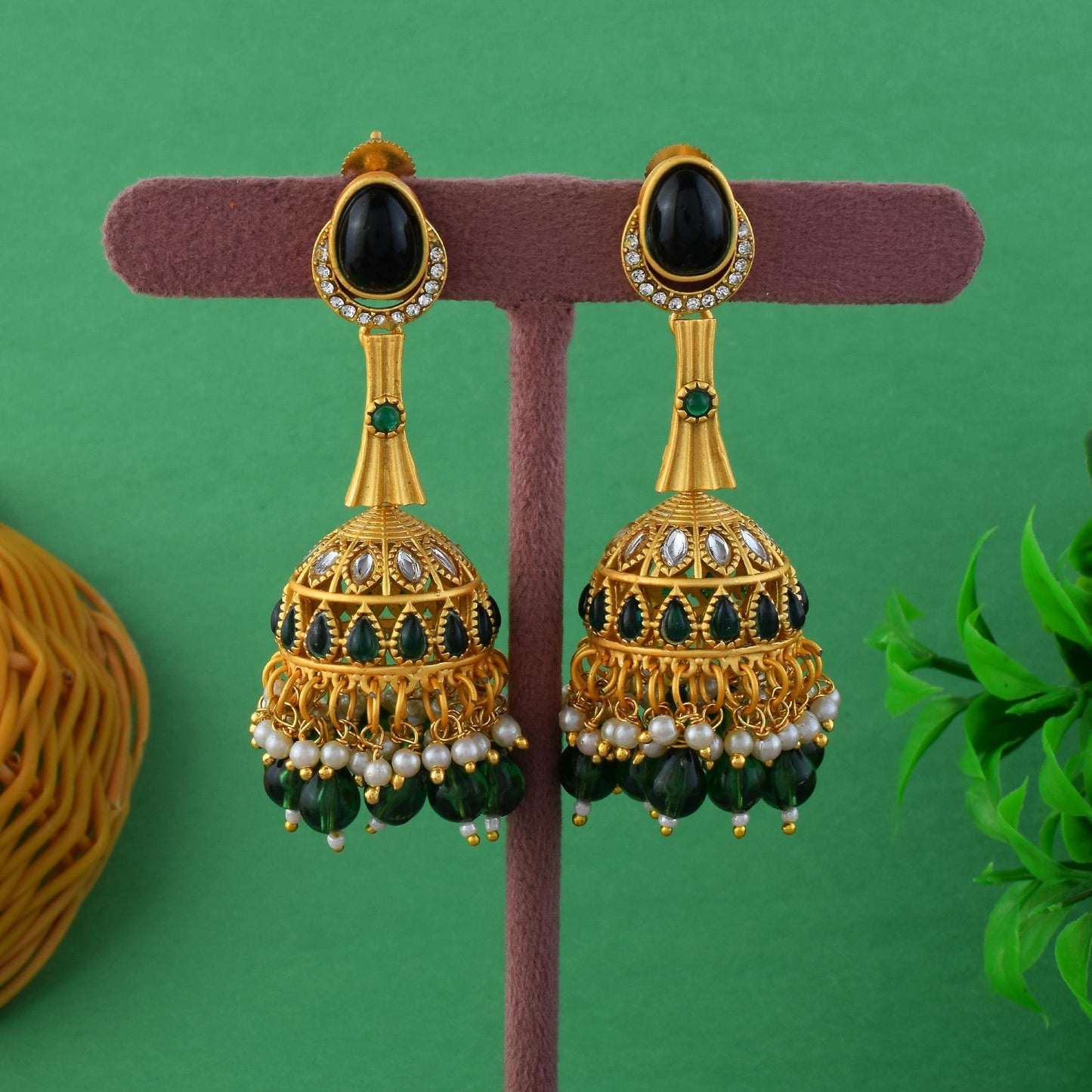 Graceful Green Color Matte Gold Earrings With Kundan Stone Detailing For Brides