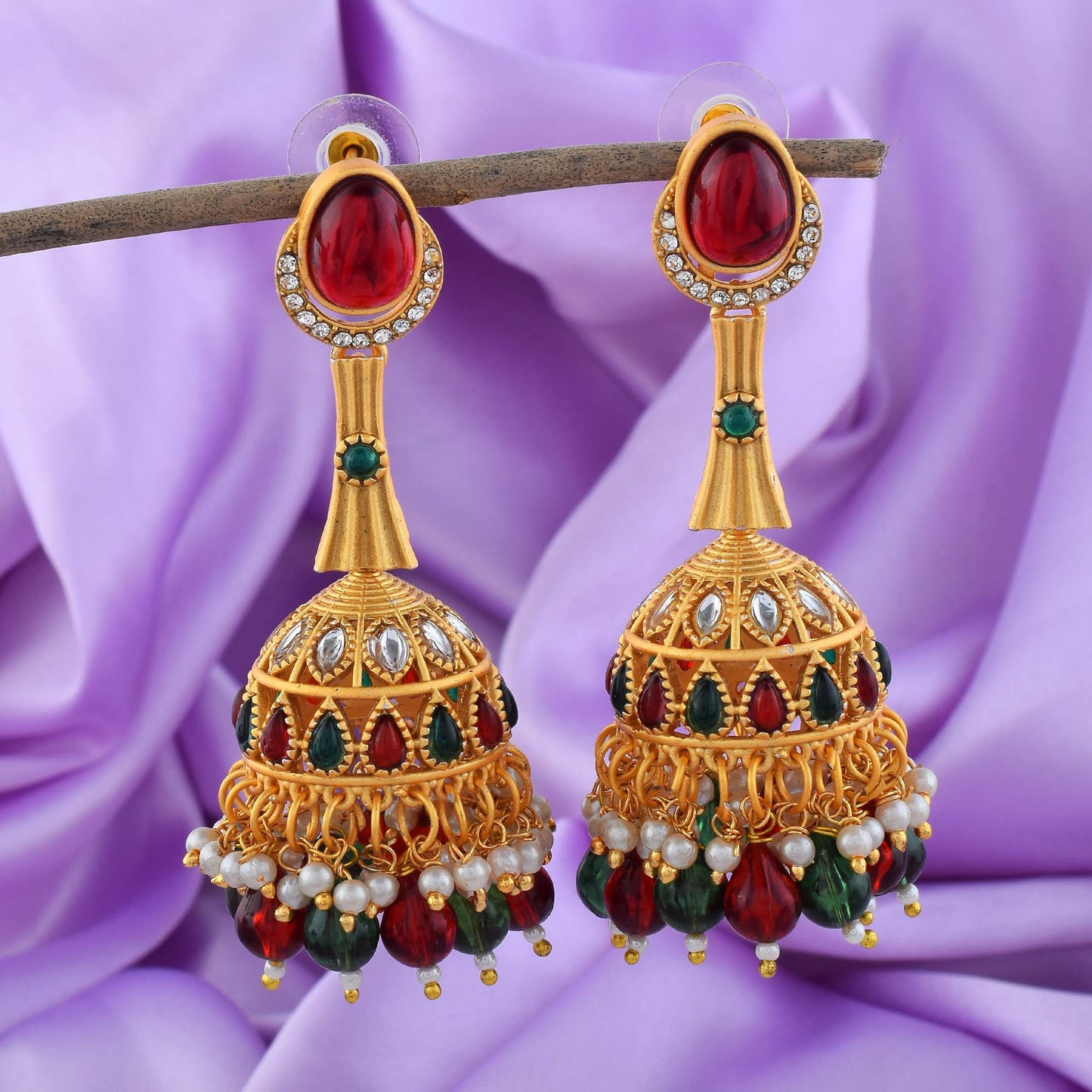 Beautiful Maroon & Green Color Matte Gold Earrings For Traditional Outfits