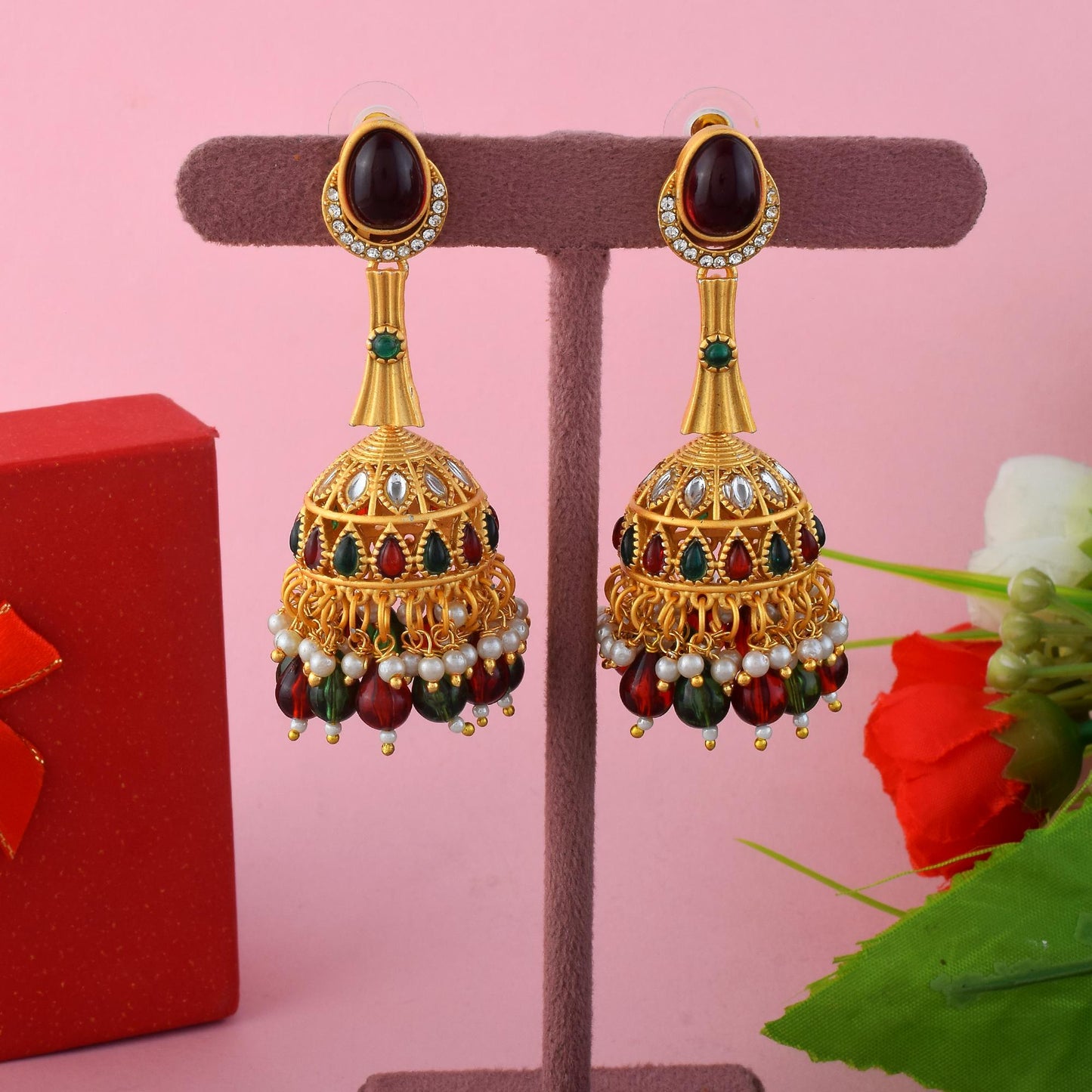 Beautiful Maroon & Green Color Matte Gold Earrings For Traditional Outfits