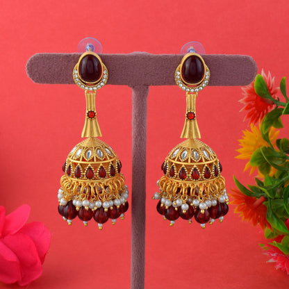 Stylish Maroon Color Matte Gold Earrings For Festive And Party Occasions
