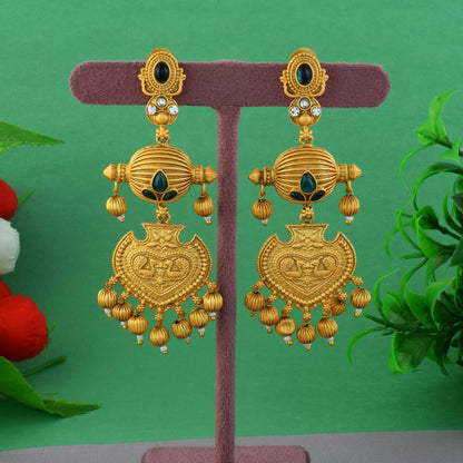 Stunning Green Color Matte Gold Earrings With Meenakari And Pearl Embellishments