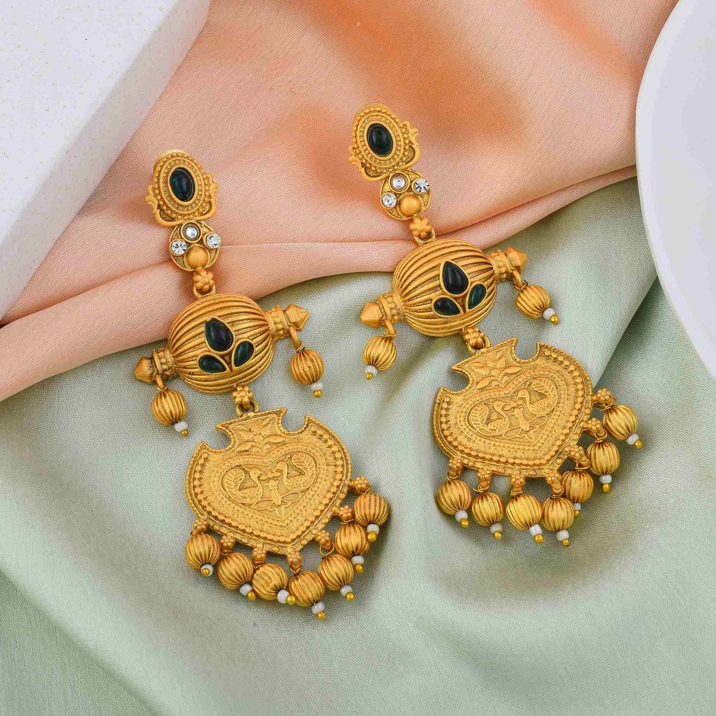 Stunning Green Color Matte Gold Earrings With Meenakari And Pearl Embellishments