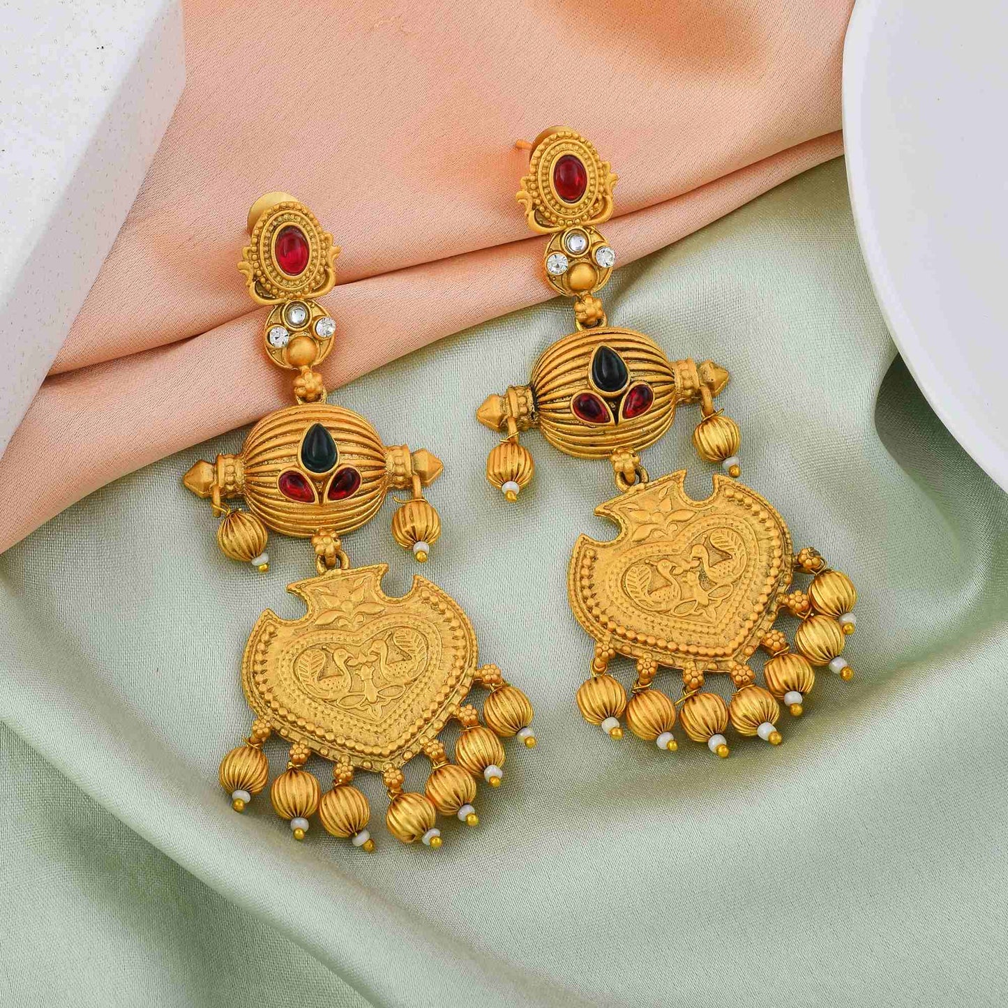 Exquisite Rani & Green Color Matte Gold Earrings For Wedding And Engagement