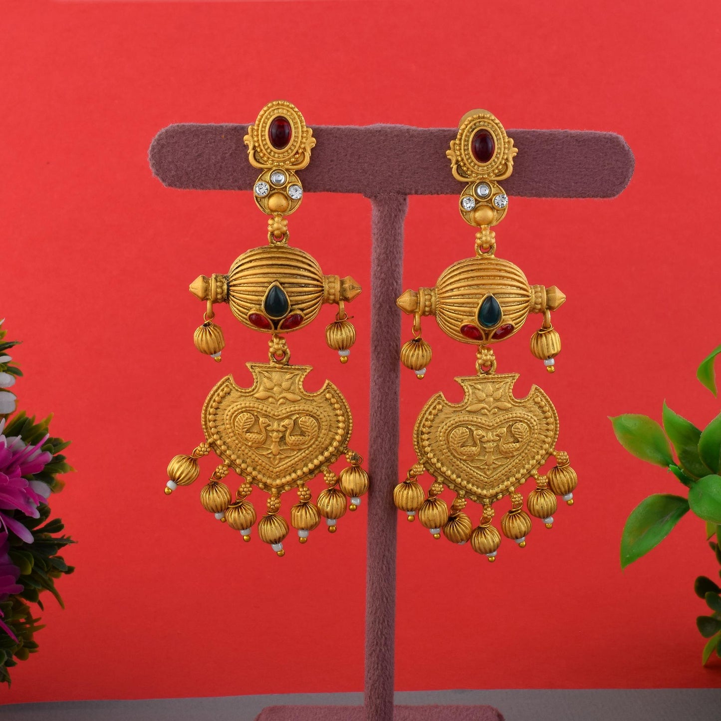 Exquisite Rani & Green Color Matte Gold Earrings For Wedding And Engagement