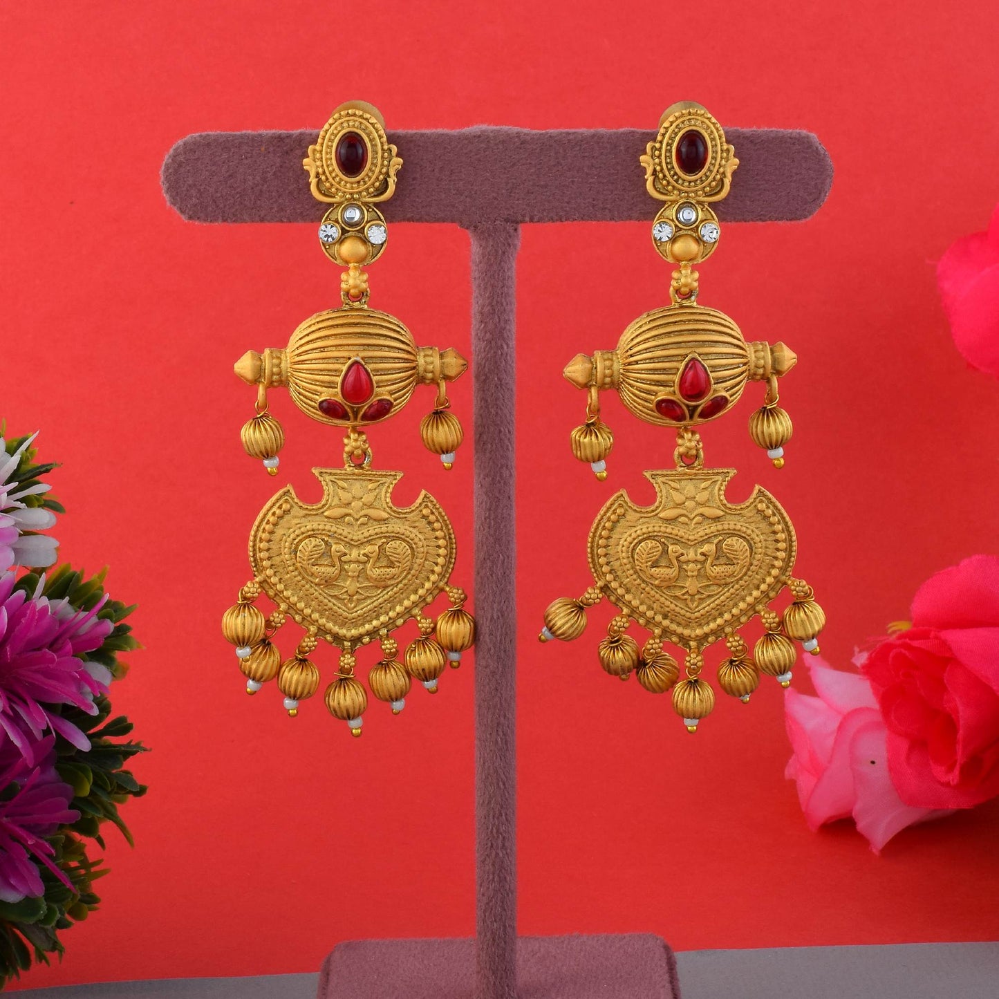Beautiful Rani Color Matte Gold Earrings For Party And Cultural Functions