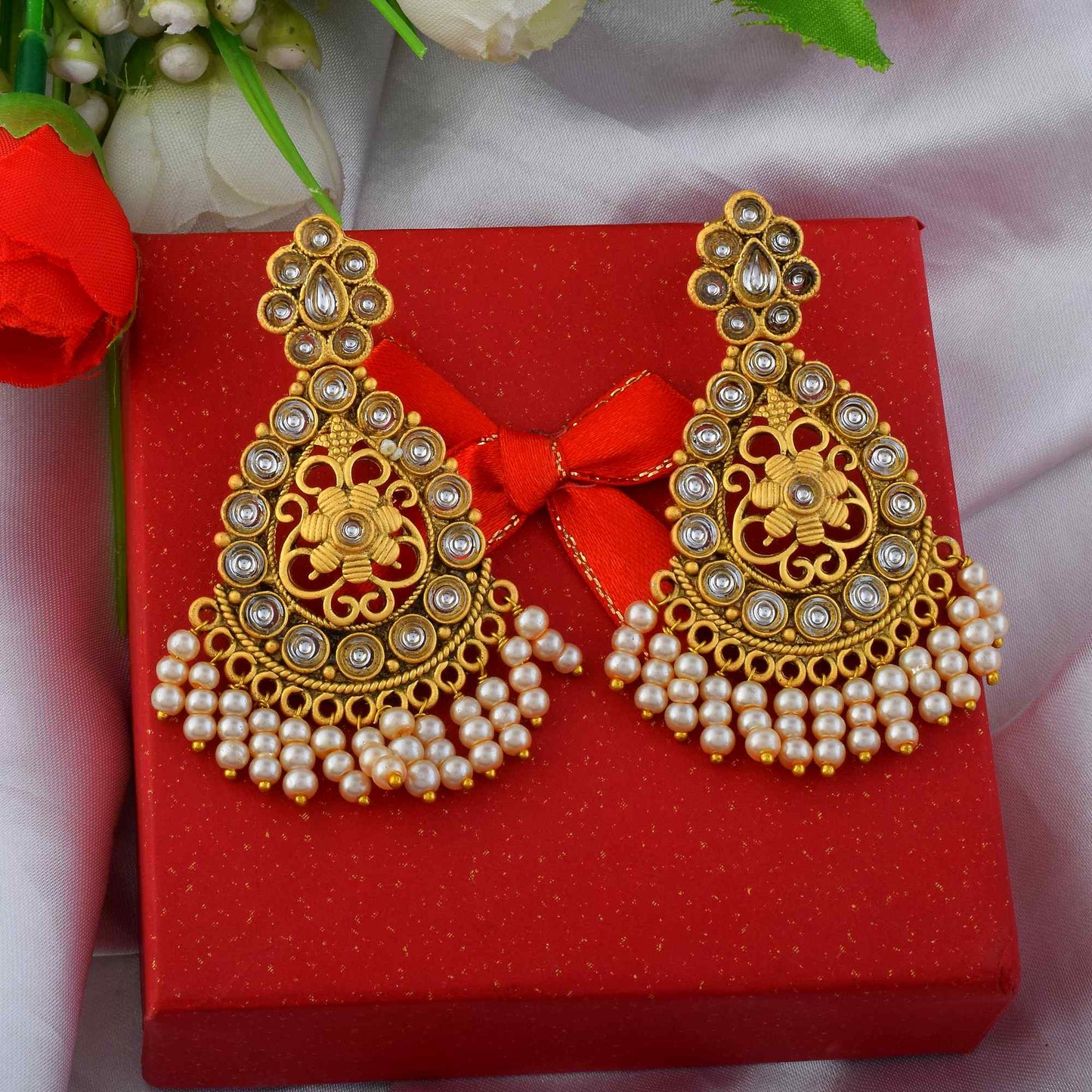 Premium Gold Color Matte Gold Earrings With Antique Design For Brides