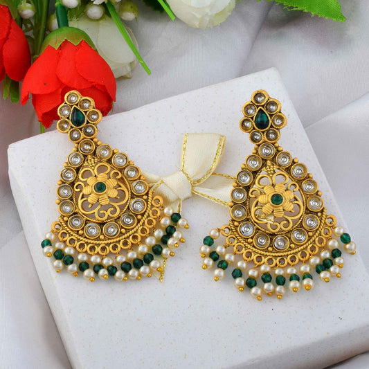 Graceful Green Color Matte Gold Earrings For Festivals And Ethnic Events