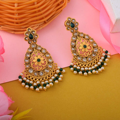 Graceful Green Color Matte Gold Earrings For Festivals And Ethnic Events