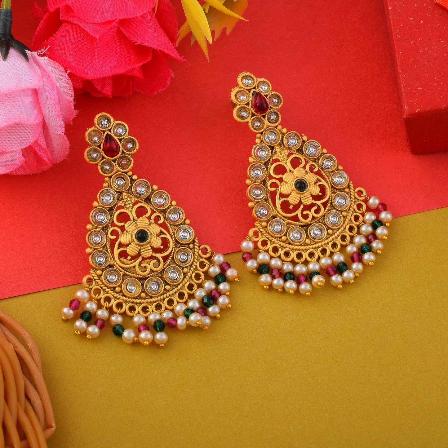 Royal Rani & Green Color Matte Gold Earrings For Wedding And Festival Looks