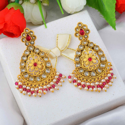 Gorgeous Rani Color Matte Gold Earrings For Saree And Lehenga Combination