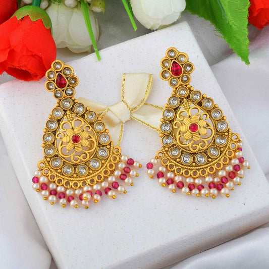 Gorgeous Rani Color Matte Gold Earrings For Saree And Lehenga Combination