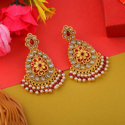 Gorgeous Rani Color Matte Gold Earrings For Saree And Lehenga Combination