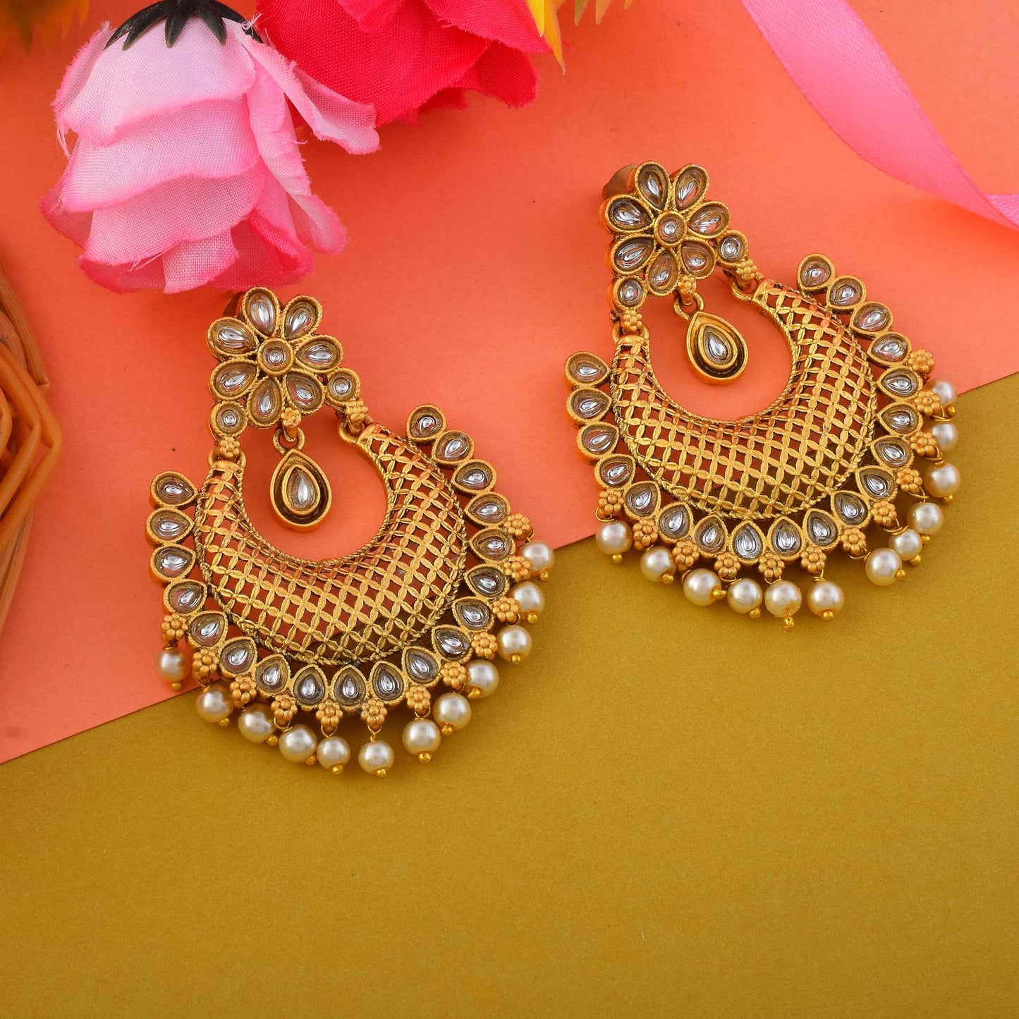 Elegant Gold Color Matte Gold Earrings With Kundan And Stone Detailing