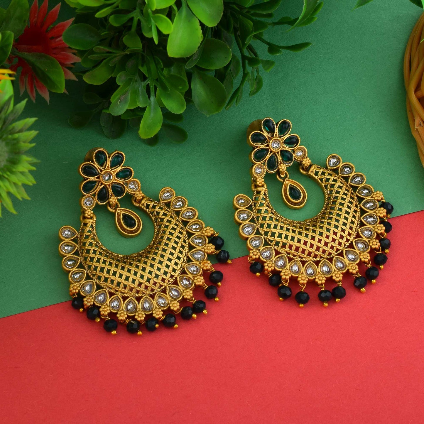 Stylish Green Color Matte Gold Earrings With Handcrafted Antique Design