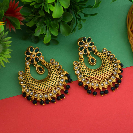 Stylish Green Color Matte Gold Earrings With Handcrafted Antique Design