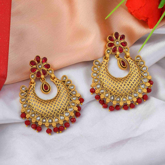 Royal Rani Color Matte Gold Earrings With Artistic Traditional Carving