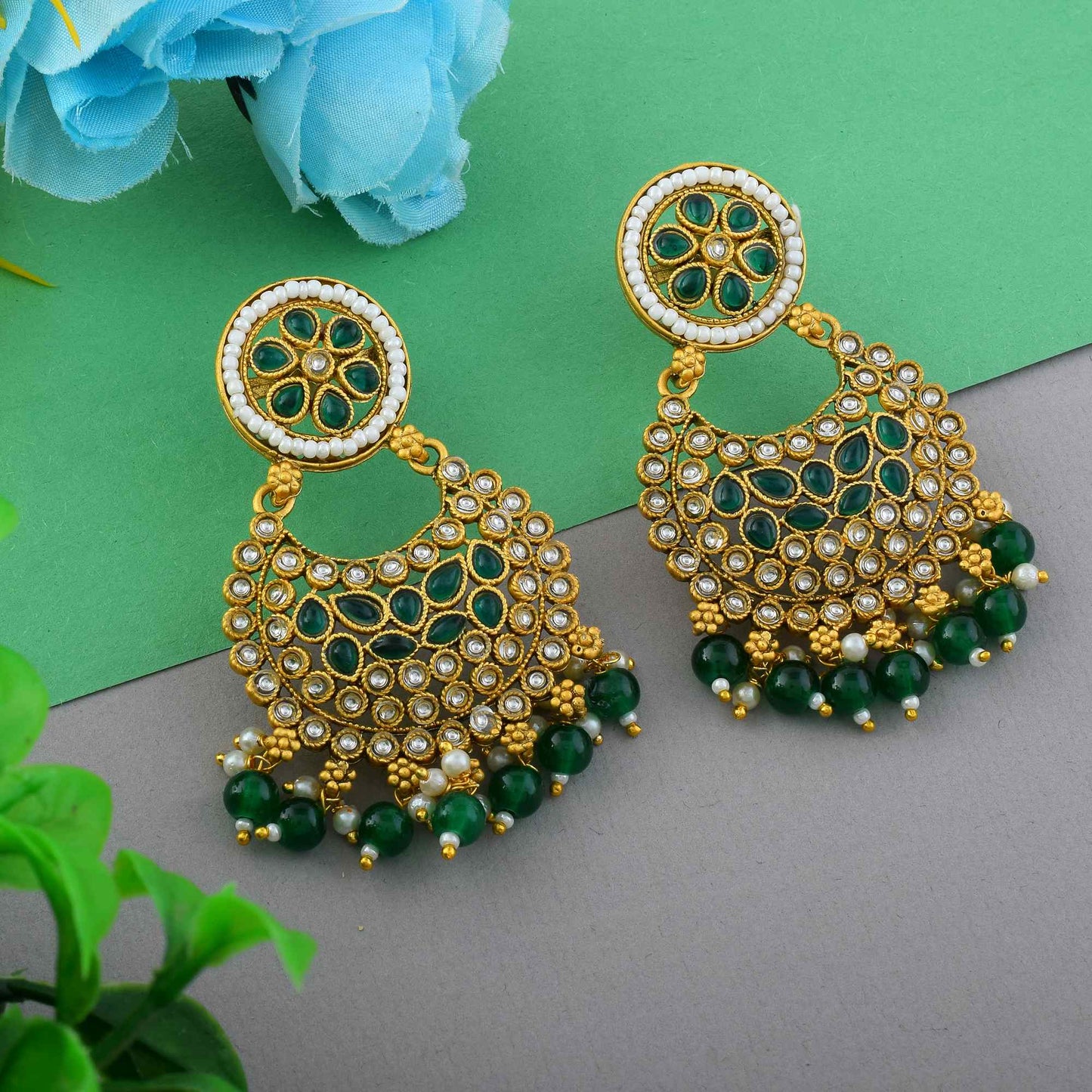 Beautiful Green Color Matte Gold Earrings For Women’S Traditional Festive Wear