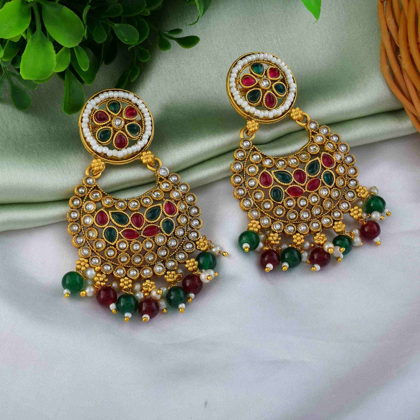 Gorgeous Rani & Green Color Matte Gold Earrings For Engagement And Wedding