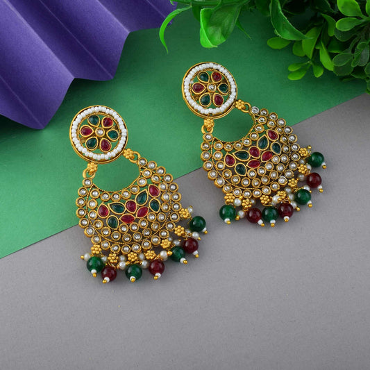 Gorgeous Rani & Green Color Matte Gold Earrings For Engagement And Wedding