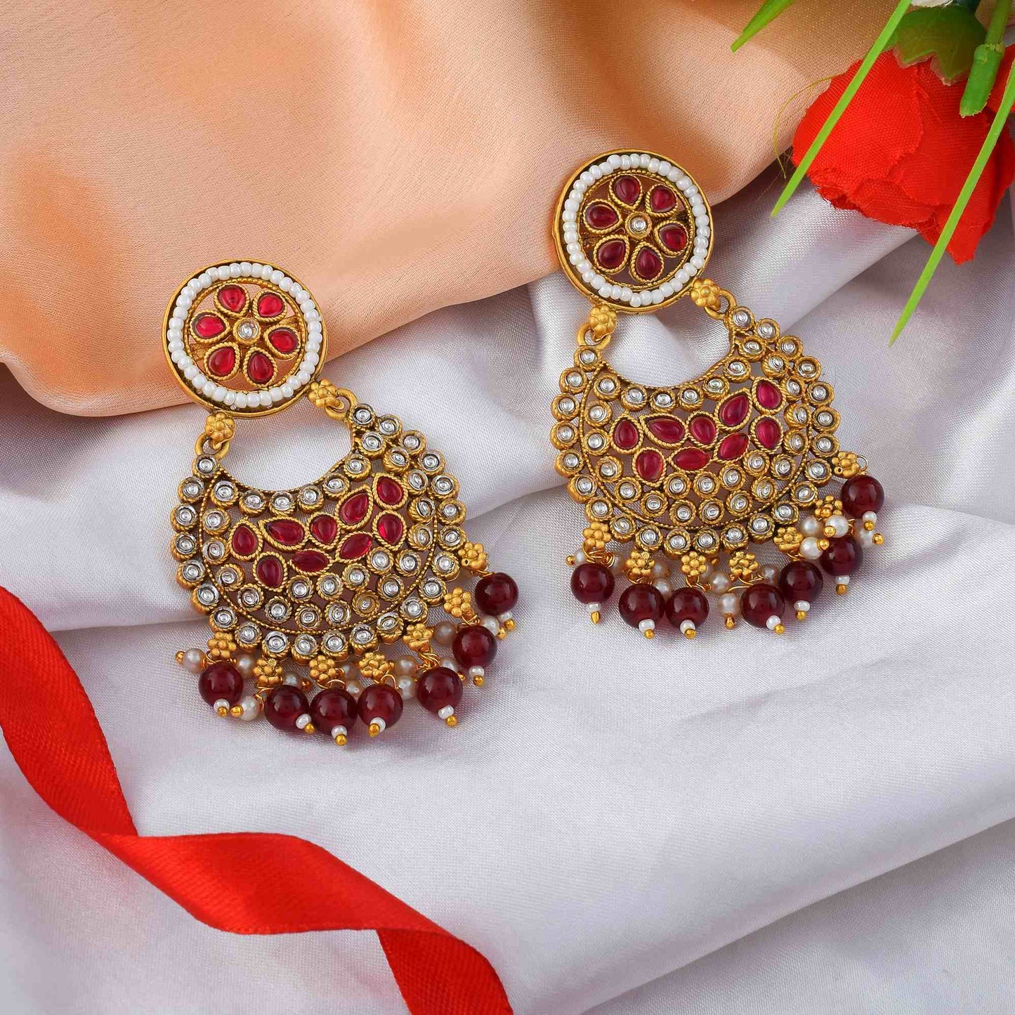 Elegant Rani Color Matte Gold Earrings With Beautiful Meenakari Craftsmanship