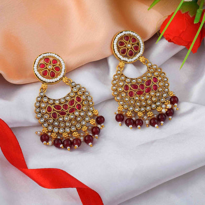 Elegant Rani Color Matte Gold Earrings With Beautiful Meenakari Craftsmanship