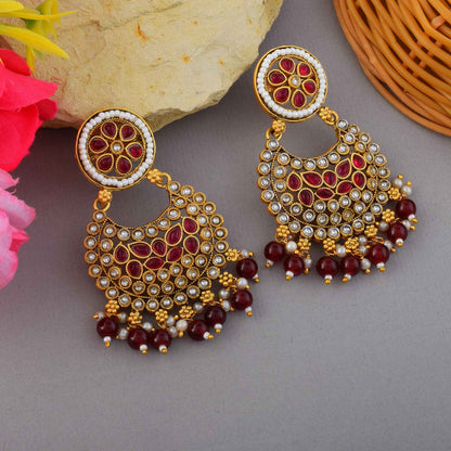Elegant Rani Color Matte Gold Earrings With Beautiful Meenakari Craftsmanship