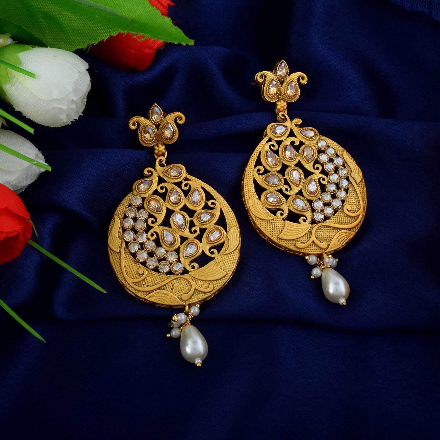 Beautiful Gold Color Matte Gold Earrings With Antique Finish For Women