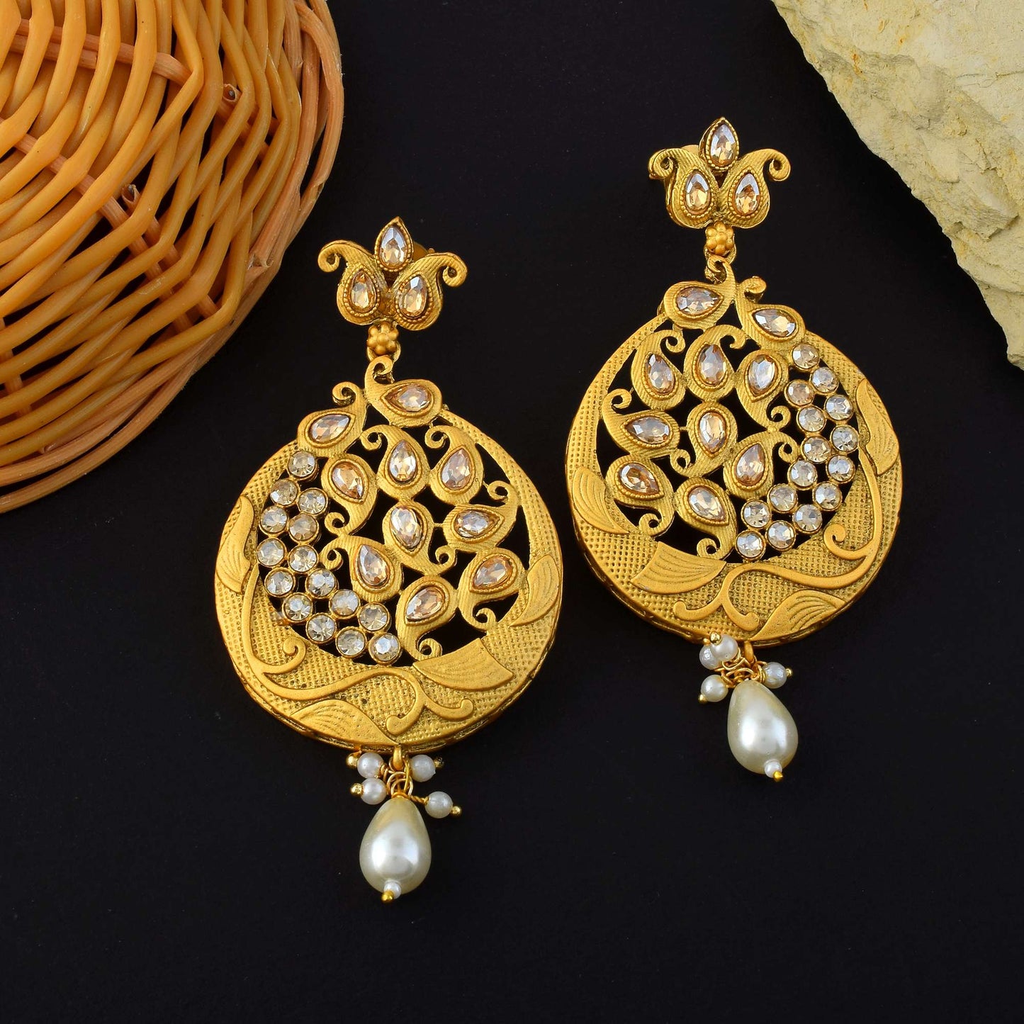 Beautiful Gold Color Matte Gold Earrings With Antique Finish For Women
