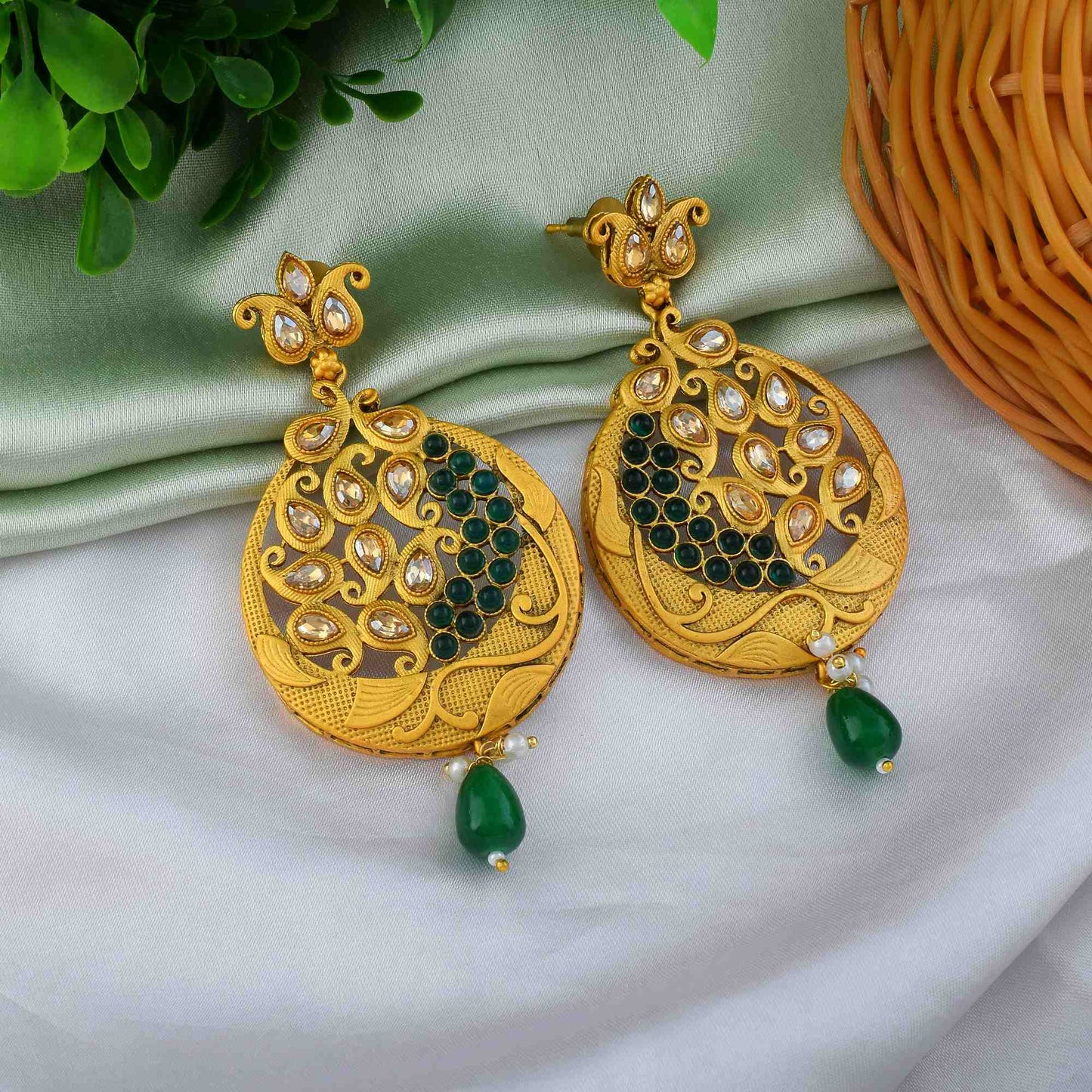 Elegant Green Color Matte Gold Earrings For Ethnic Saree And Lehenga Wear