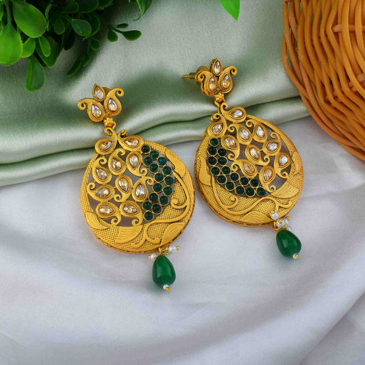 Elegant Green Color Matte Gold Earrings For Ethnic Saree And Lehenga Wear