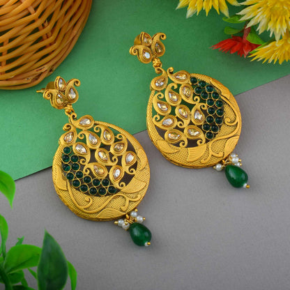 Elegant Green Color Matte Gold Earrings For Ethnic Saree And Lehenga Wear
