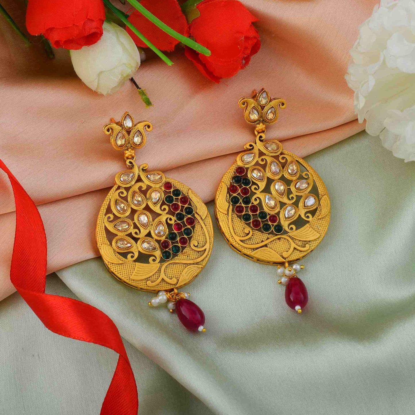 Premium Rani & Green Color Matte Gold Earrings For Traditional Occasions