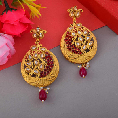 Gorgeous Rani Color Matte Gold Earrings With Kundan And Pearl Accents