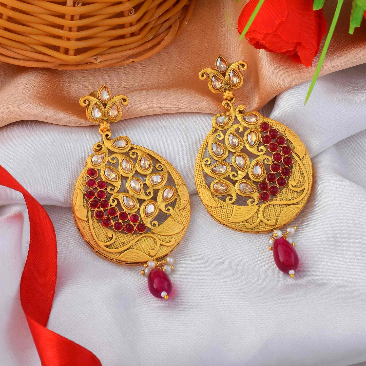 Gorgeous Rani Color Matte Gold Earrings With Kundan And Pearl Accents
