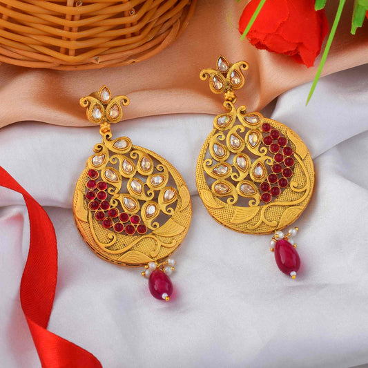 Gorgeous Rani Color Matte Gold Earrings With Kundan And Pearl Accents