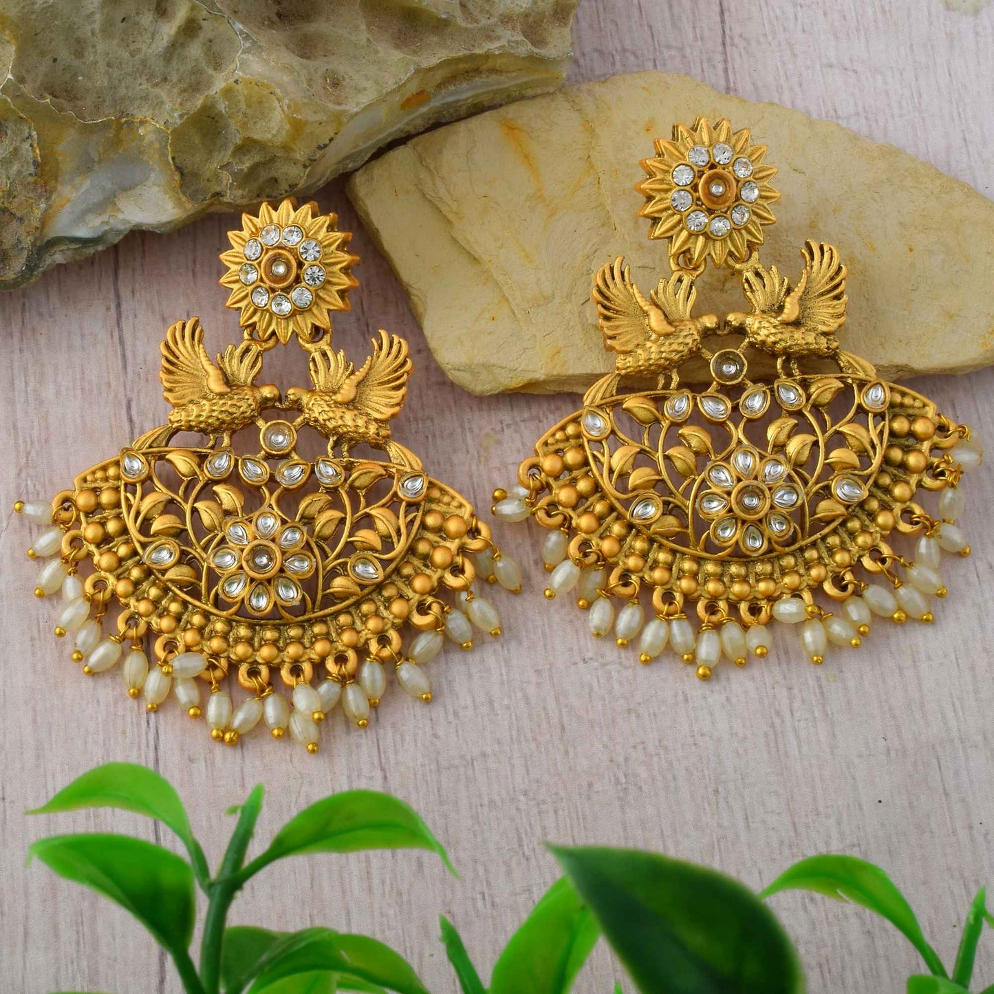 Stylish Gold Color Matte Gold Earrings With Traditional Stone Embellishment