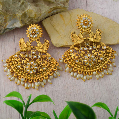 Stylish Gold Color Matte Gold Earrings With Traditional Stone Embellishment